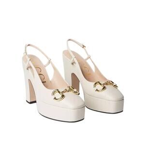Gucci Horsebit Platform Slingback Pumps White Leather 39.5/US 9.5 NIB $1,199